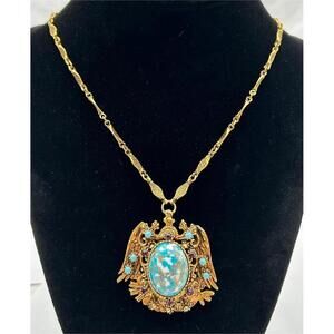 Vintage Florenza Faux Turquoise Cabochon Rhinestone Gold Tone Brooch necklace
